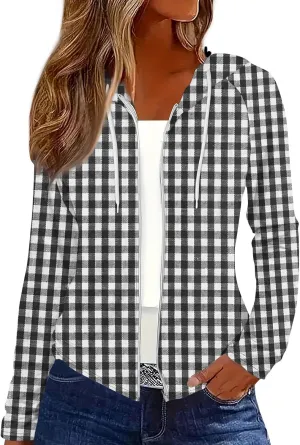 Womens Hoodie Fashion Print Zip up Jackets for Women Casual Long Sleeve Loose Sweatshirts Coat
