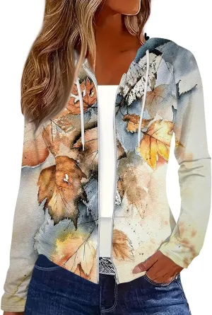 Womens Hoodie Fashion Print Zip up Jackets for Women Casual Long Sleeve Loose Sweatshirts Coat