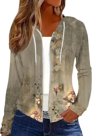 Womens Hoodie Fashion Print Zip up Jackets for Women Casual Long Sleeve Loose Sweatshirts Coat