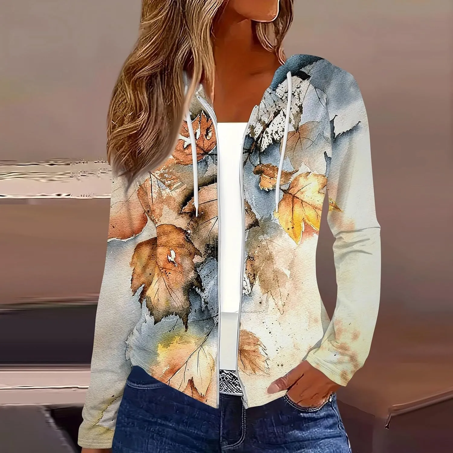 Womens Hoodie Fashion Print Zip up Jackets for Women Casual Long Sleeve Loose Sweatshirts Coat