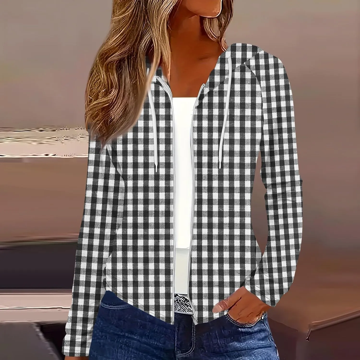 Womens Hoodie Fashion Print Zip up Jackets for Women Casual Long Sleeve Loose Sweatshirts Coat