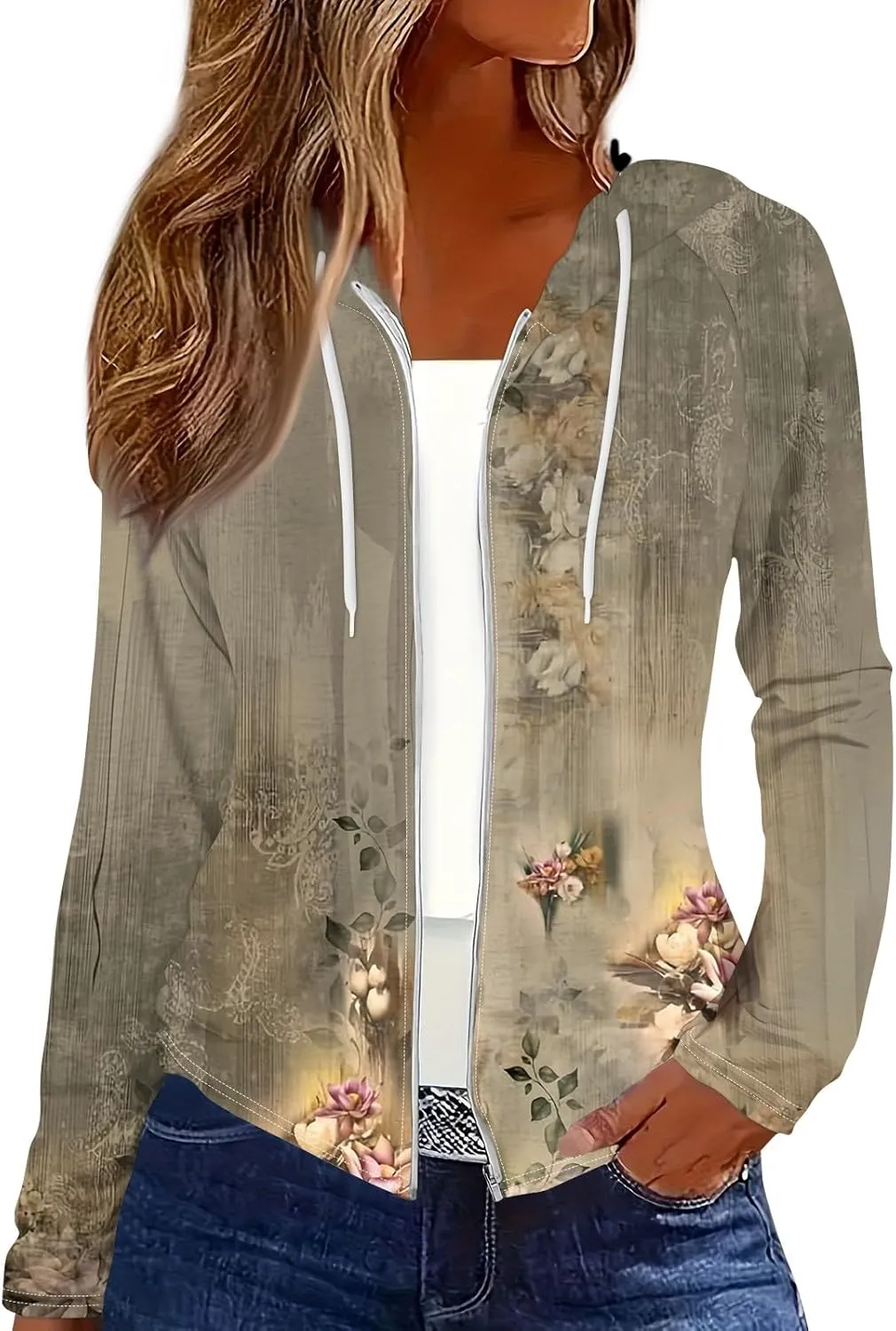 Womens Hoodie Fashion Print Zip up Jackets for Women Casual Long Sleeve Loose Sweatshirts Coat