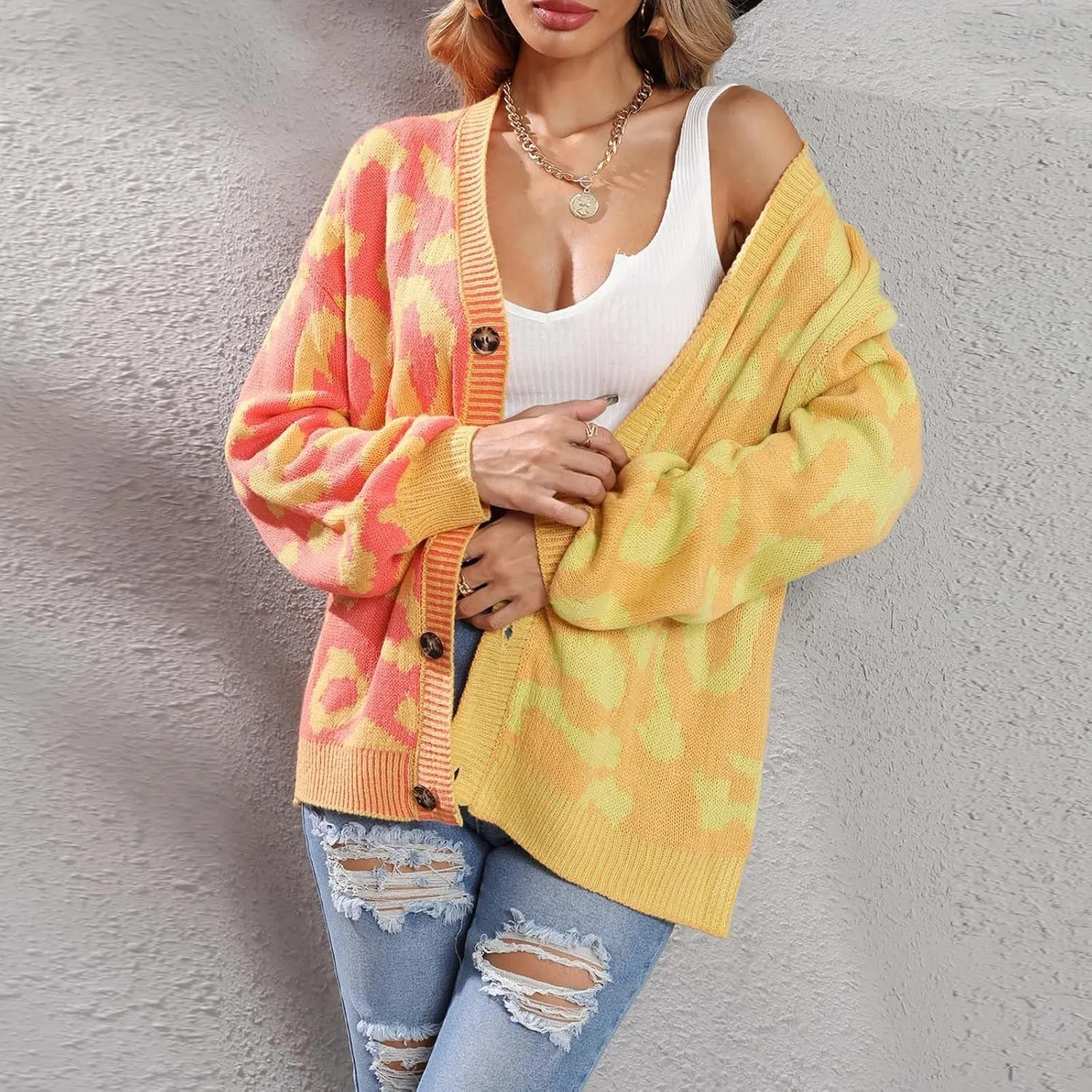 Womens Leopard Print Knit Cardigan Open Front Knit Cardigan Button Sweater Coat Long Sleeve Jacket Outwear
