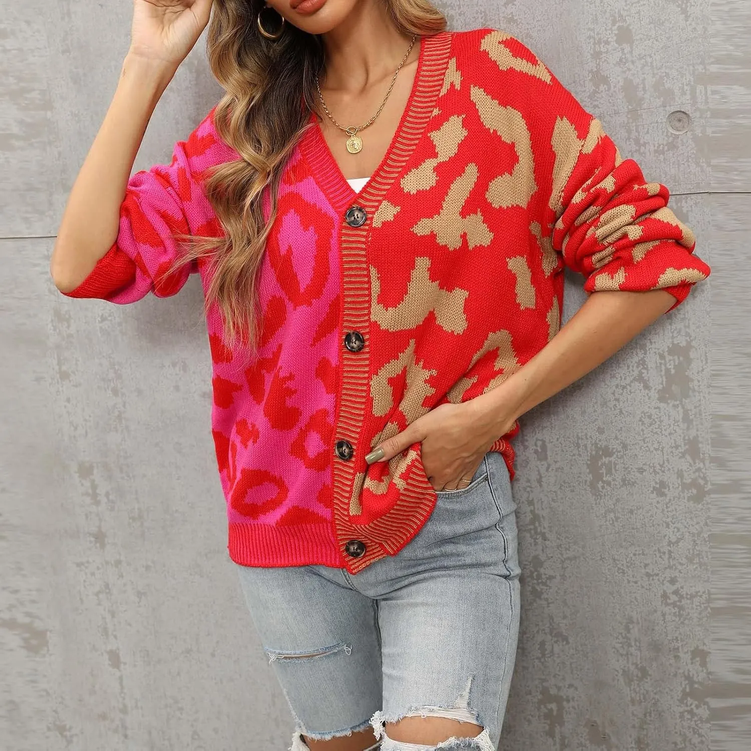 Womens Leopard Print Knit Cardigan Open Front Knit Cardigan Button Sweater Coat Long Sleeve Jacket Outwear