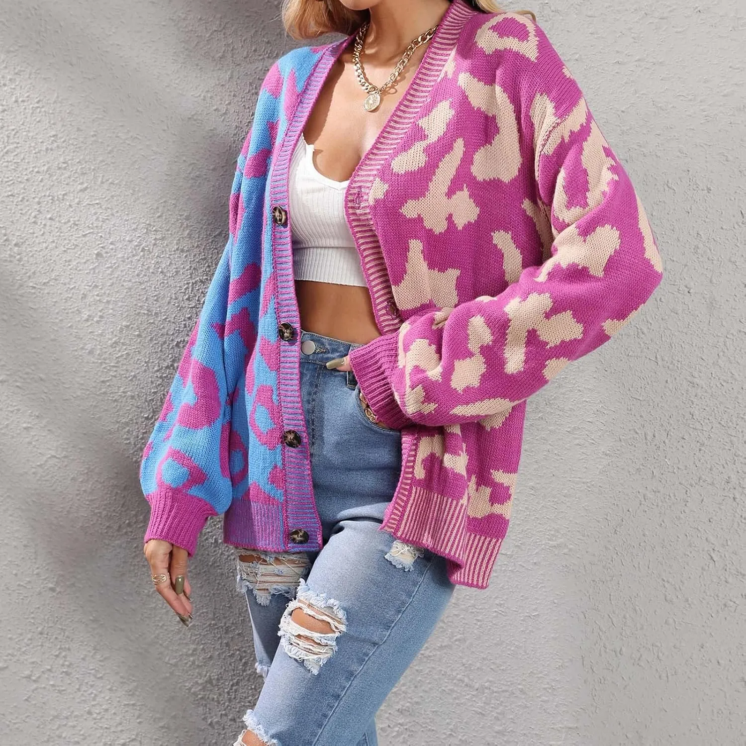 Womens Leopard Print Knit Cardigan Open Front Knit Cardigan Button Sweater Coat Long Sleeve Jacket Outwear