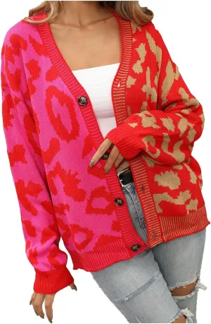 Womens Leopard Print Knit Cardigan Open Front Knit Cardigan Button Sweater Coat Long Sleeve Jacket Outwear