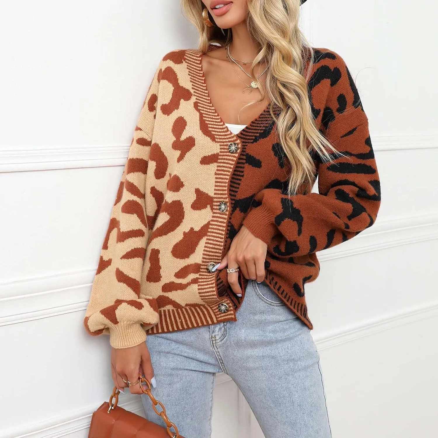 Womens Leopard Print Knit Cardigan Open Front Knit Cardigan Button Sweater Coat Long Sleeve Jacket Outwear