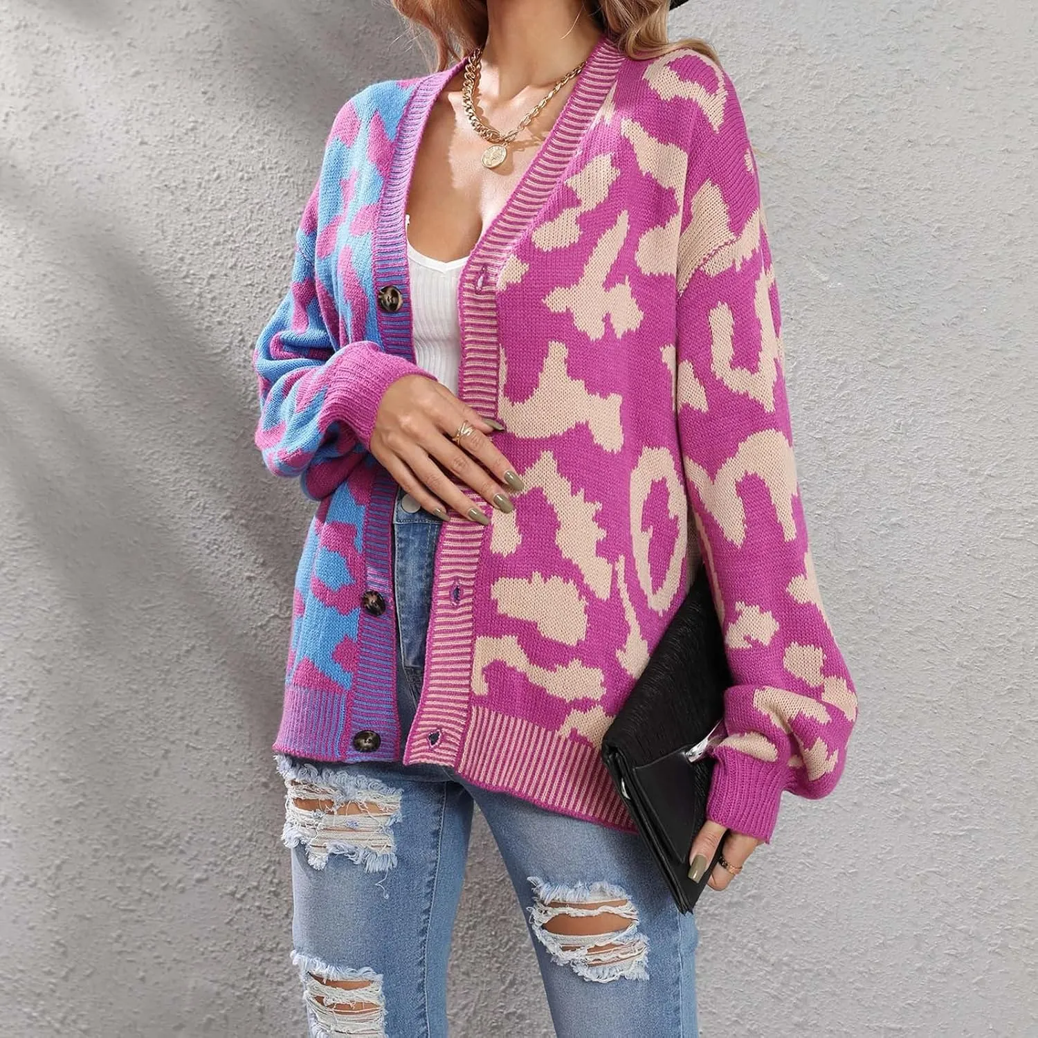 Womens Leopard Print Knit Cardigan Open Front Knit Cardigan Button Sweater Coat Long Sleeve Jacket Outwear