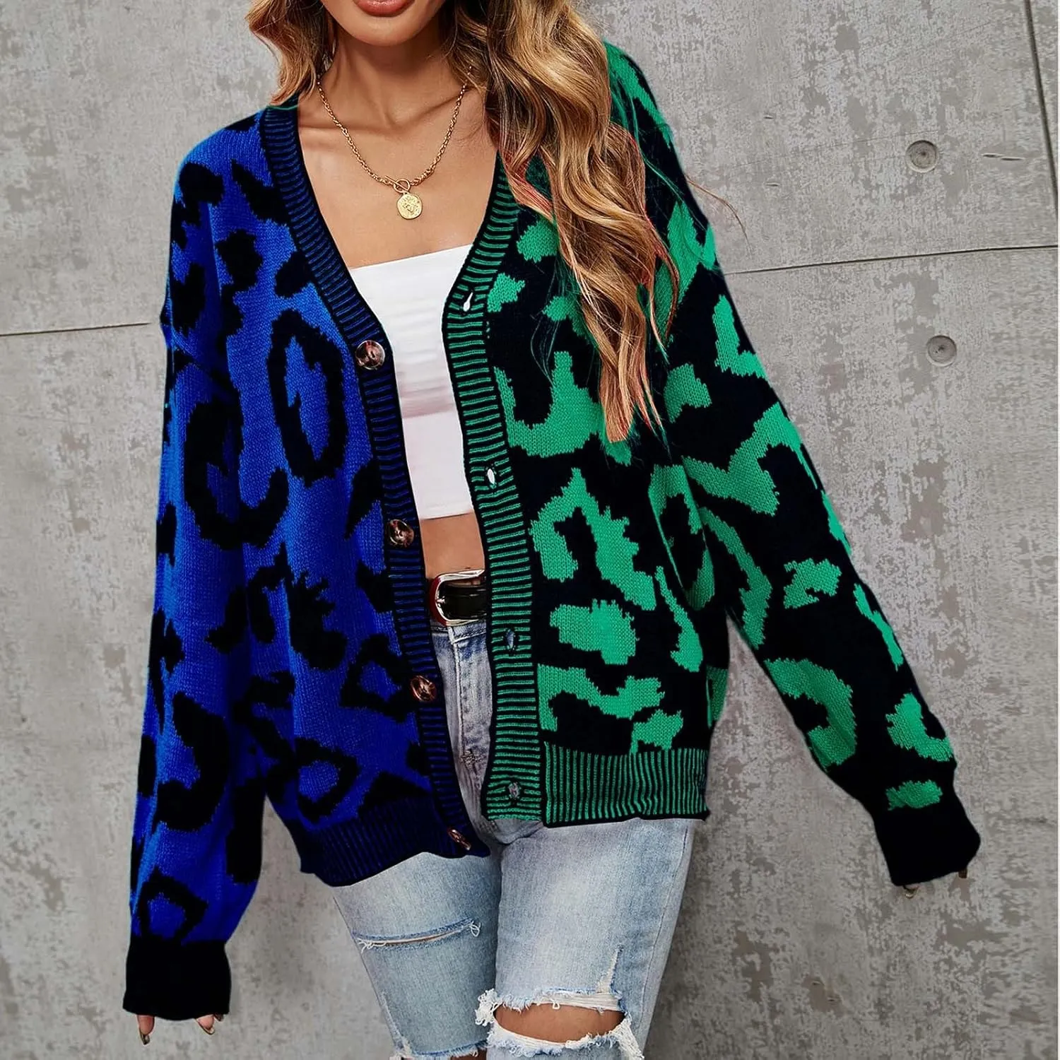 Womens Leopard Print Knit Cardigan Open Front Knit Cardigan Button Sweater Coat Long Sleeve Jacket Outwear