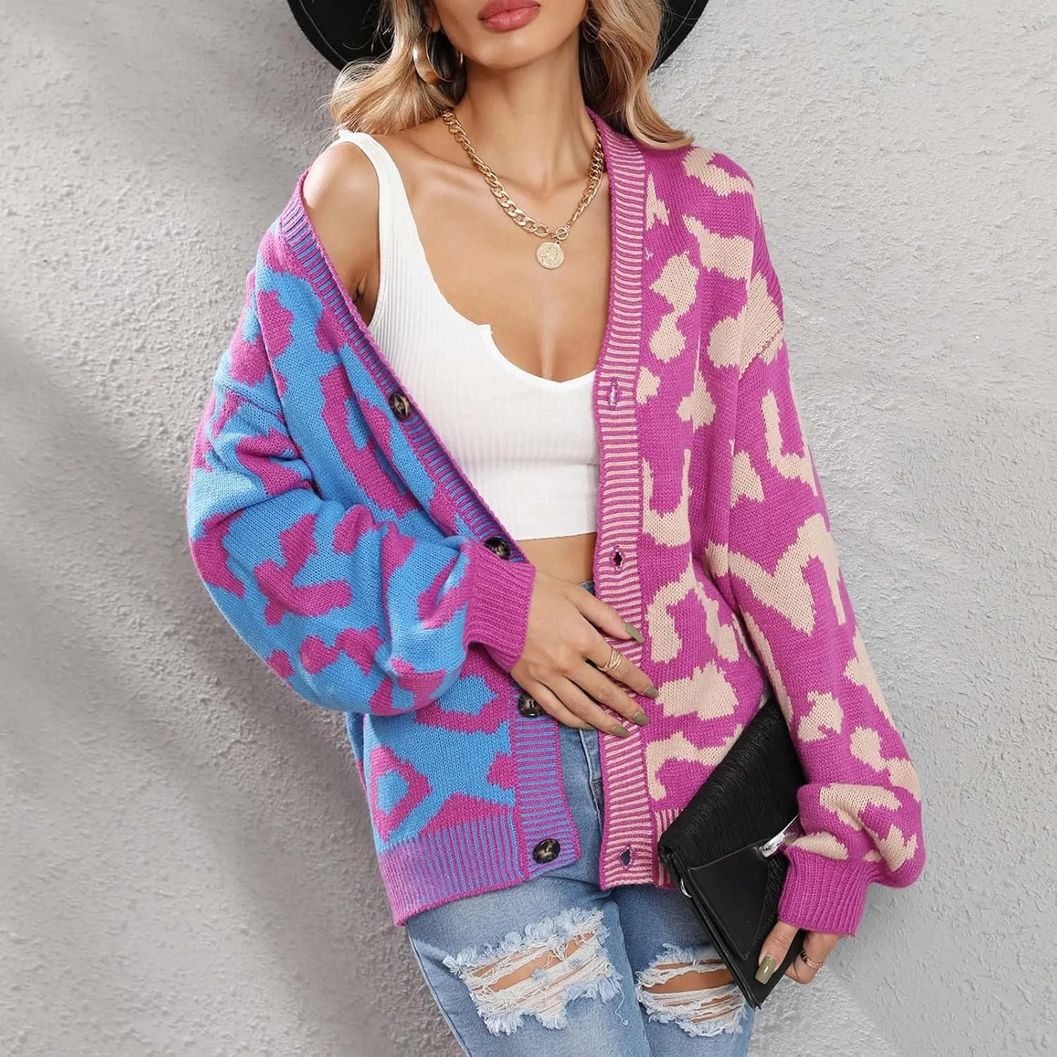 Womens Leopard Print Knit Cardigan Open Front Knit Cardigan Button Sweater Coat Long Sleeve Jacket Outwear
