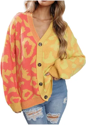 Womens Leopard Print Knit Cardigan Open Front Knit Cardigan Button Sweater Coat Long Sleeve Jacket Outwear