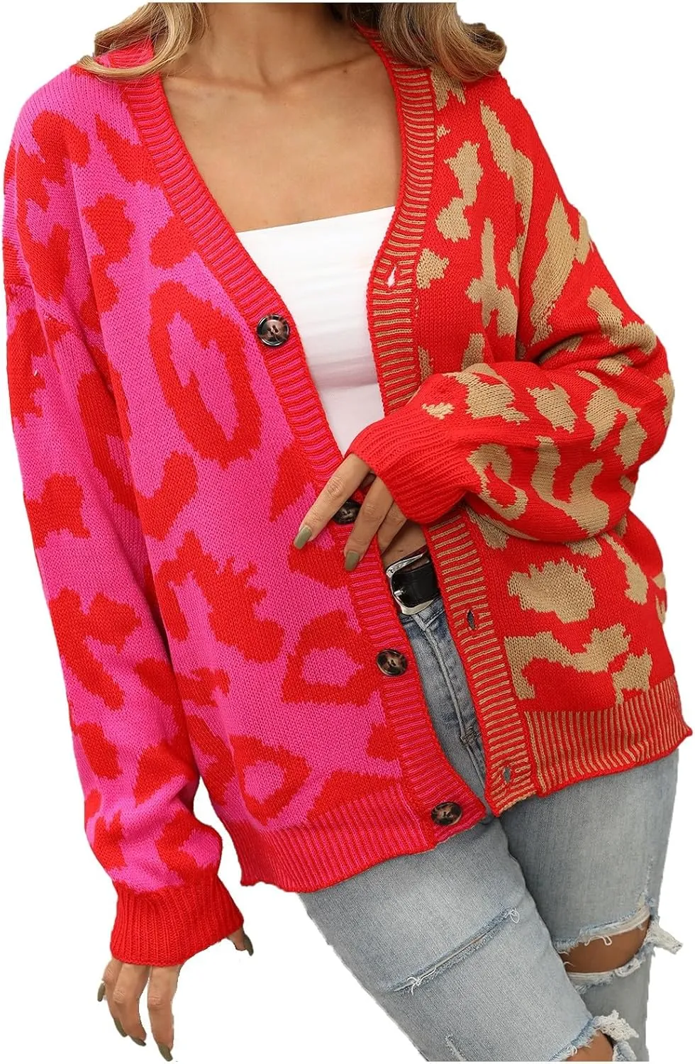 Womens Leopard Print Knit Cardigan Open Front Knit Cardigan Button Sweater Coat Long Sleeve Jacket Outwear