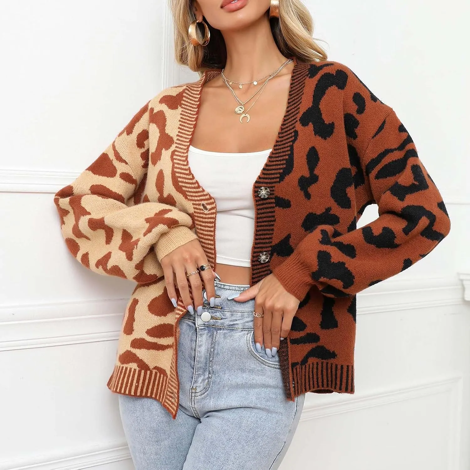 Womens Leopard Print Knit Cardigan Open Front Knit Cardigan Button Sweater Coat Long Sleeve Jacket Outwear