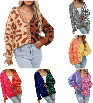 Womens Leopard Print Knit Cardigan Open Front Knit Cardigan Button Sweater Coat Long Sleeve Jacket Outwear