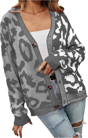 Womens Leopard Print Knit Cardigan Open Front Knit Cardigan Button Sweater Coat Long Sleeve Jacket Outwear