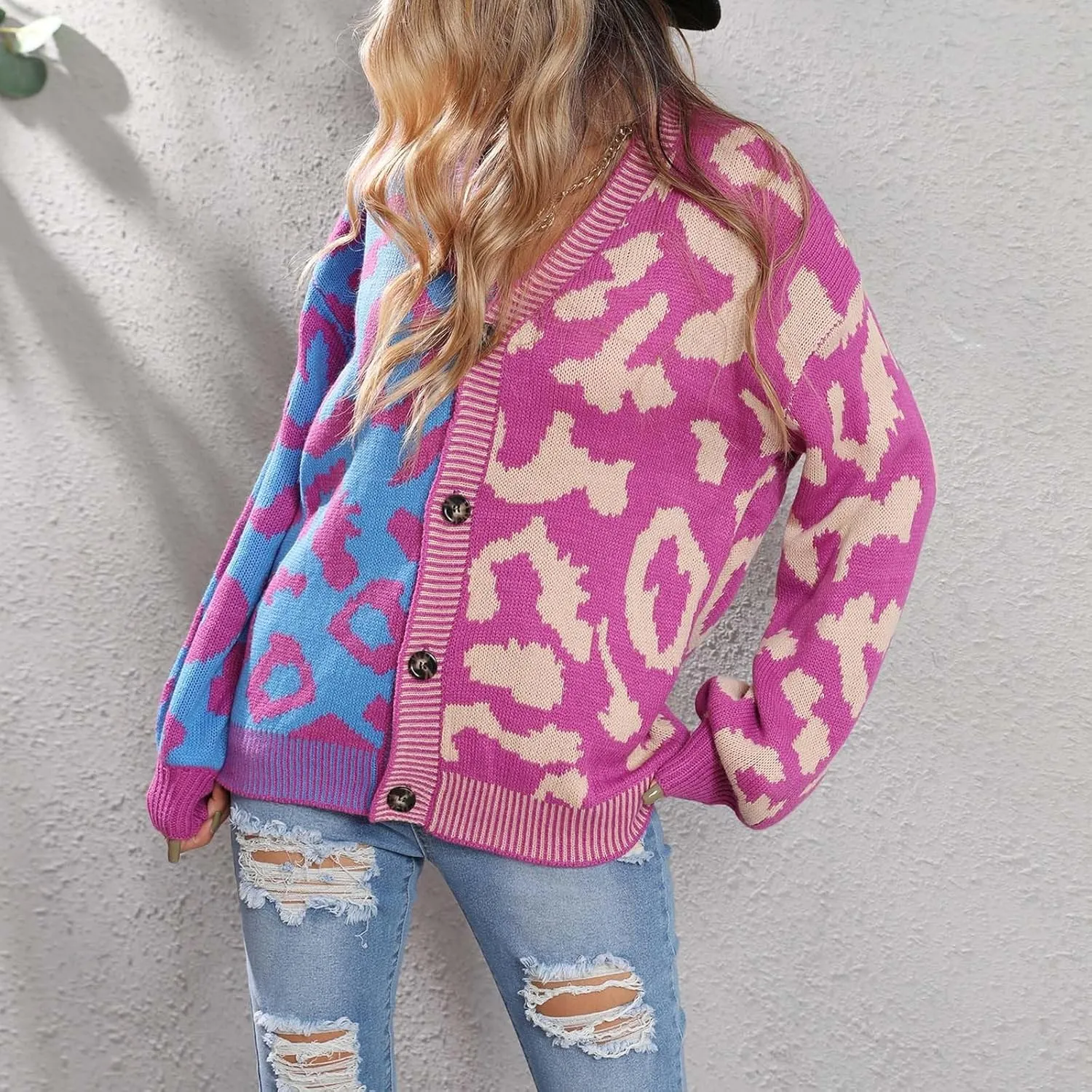 Womens Leopard Print Knit Cardigan Open Front Knit Cardigan Button Sweater Coat Long Sleeve Jacket Outwear