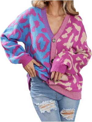 Womens Leopard Print Knit Cardigan Open Front Knit Cardigan Button Sweater Coat Long Sleeve Jacket Outwear