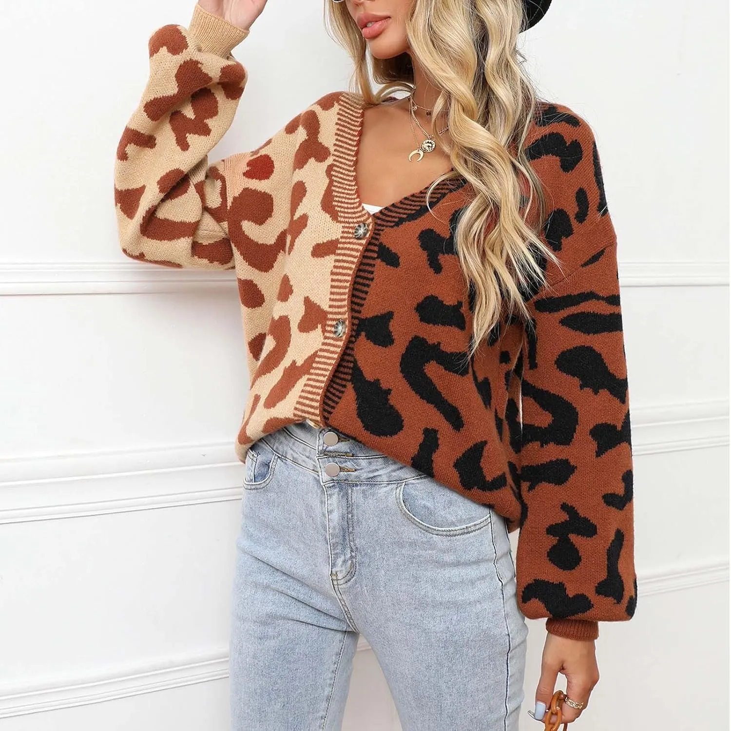 Womens Leopard Print Knit Cardigan Open Front Knit Cardigan Button Sweater Coat Long Sleeve Jacket Outwear