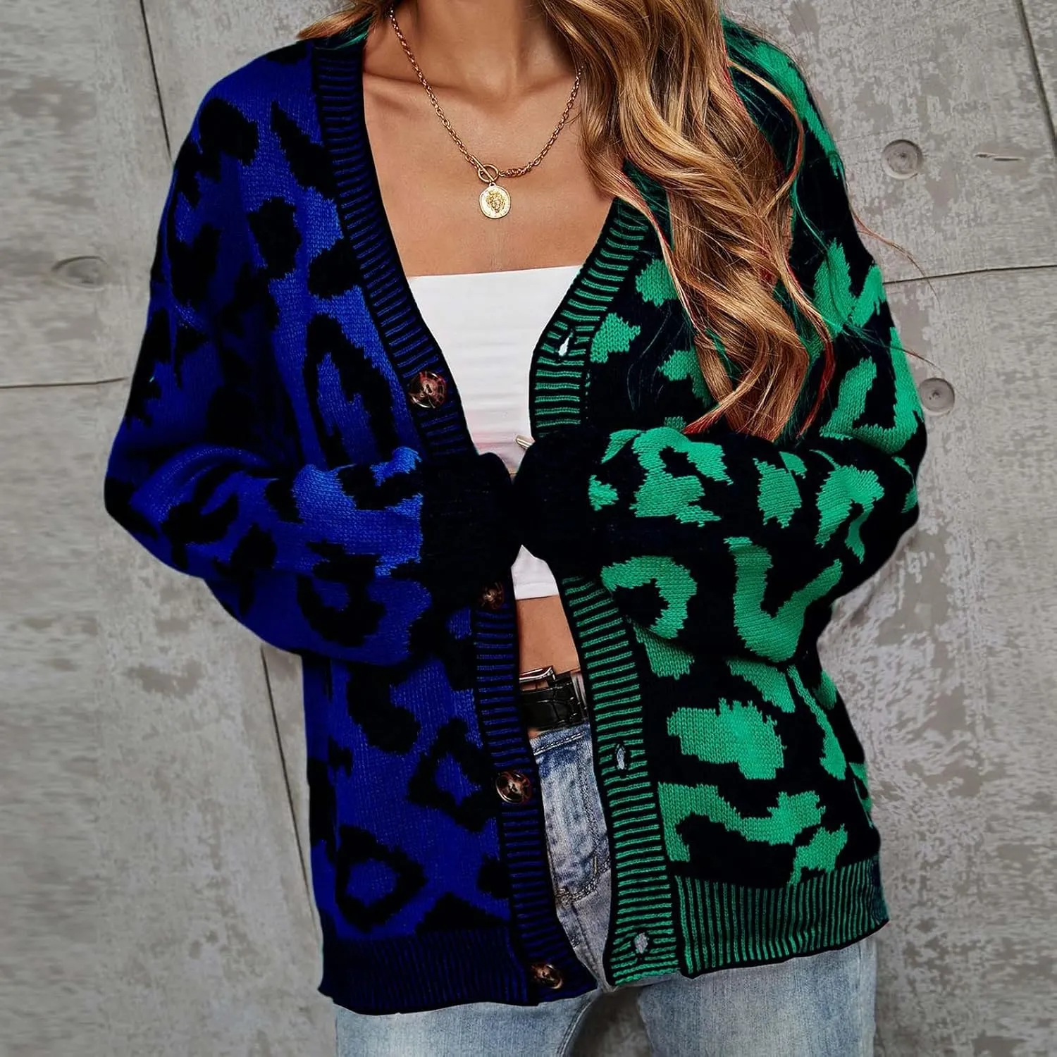 Womens Leopard Print Knit Cardigan Open Front Knit Cardigan Button Sweater Coat Long Sleeve Jacket Outwear