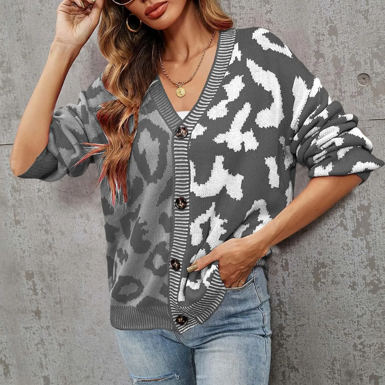 Womens Leopard Print Knit Cardigan Open Front Knit Cardigan Button Sweater Coat Long Sleeve Jacket Outwear