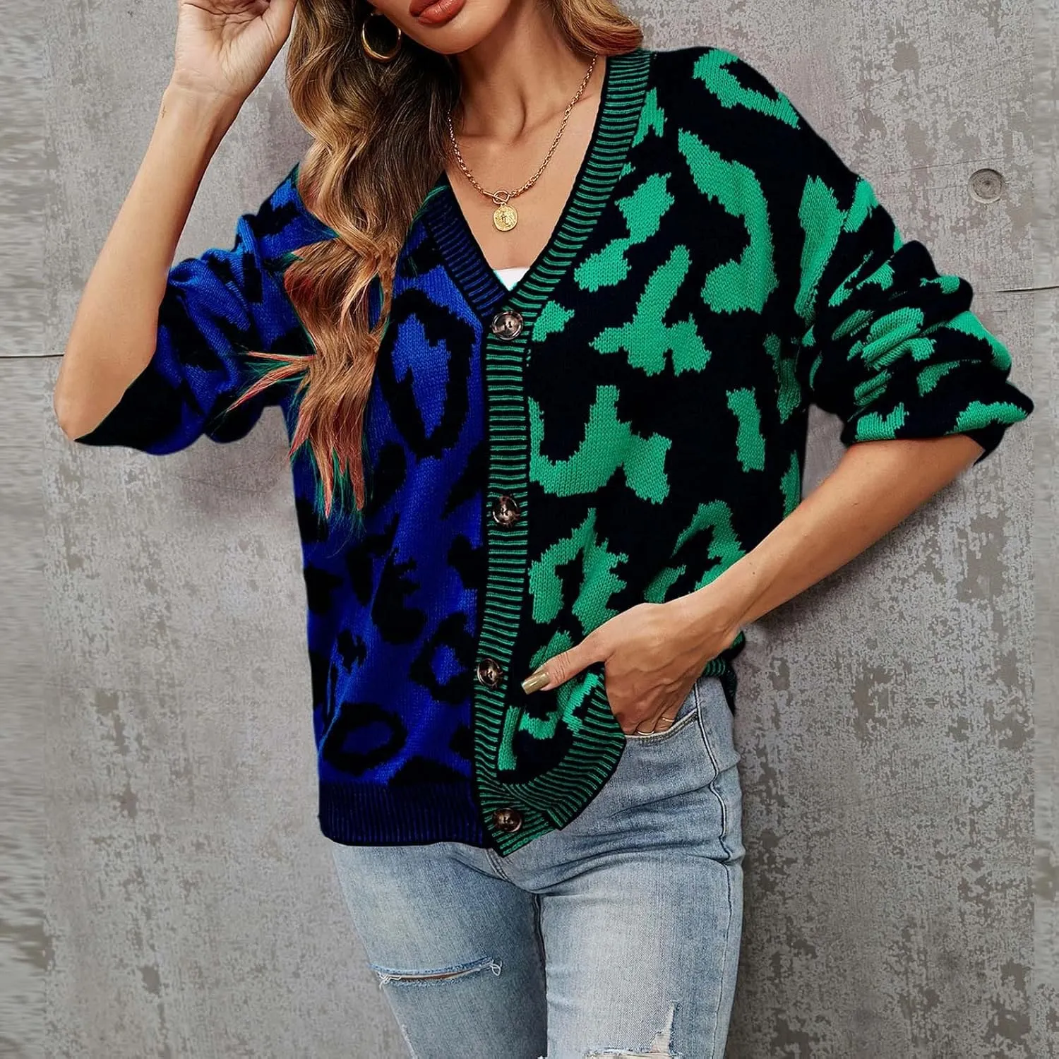 Womens Leopard Print Knit Cardigan Open Front Knit Cardigan Button Sweater Coat Long Sleeve Jacket Outwear
