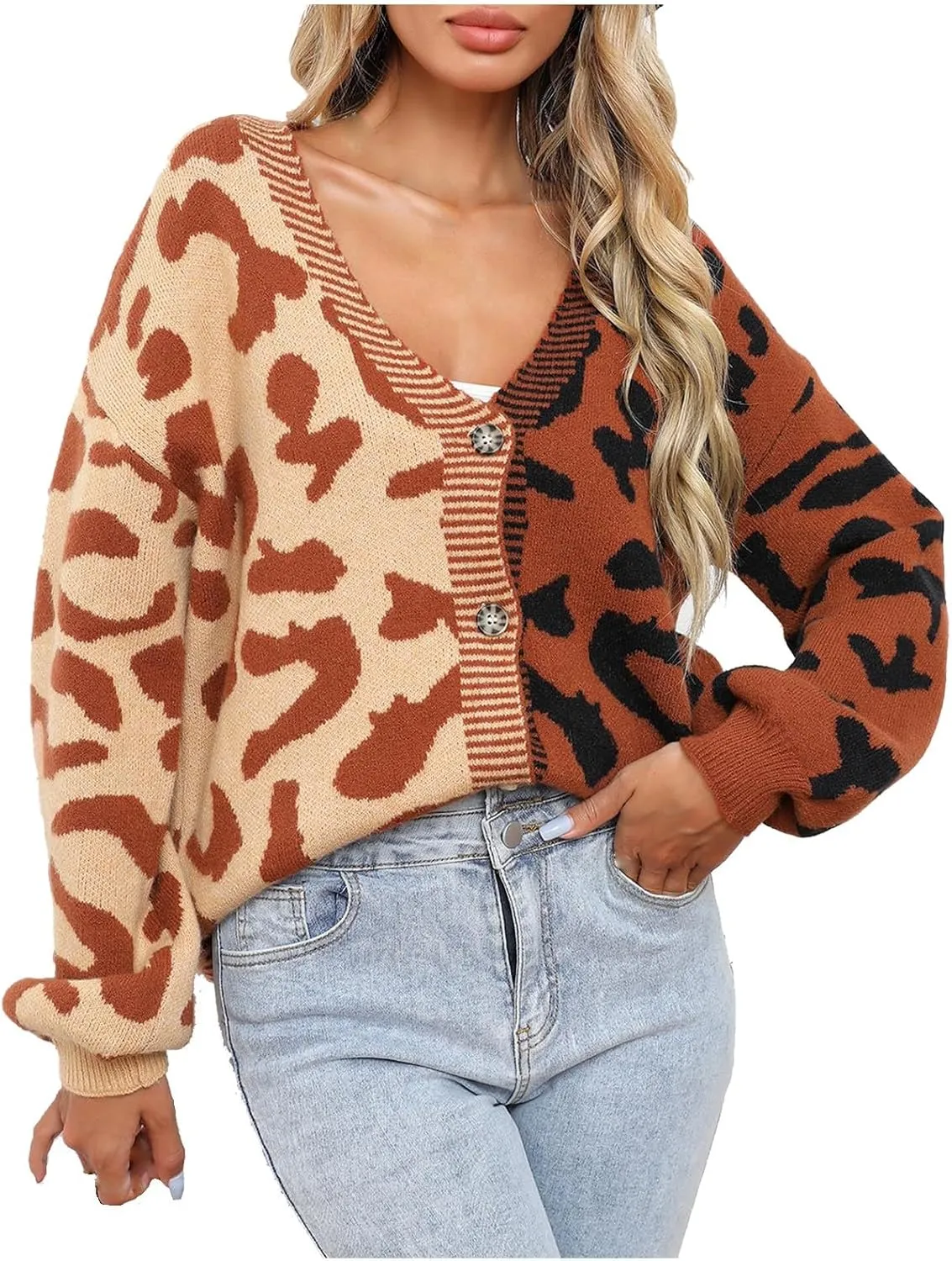 Womens Leopard Print Knit Cardigan Open Front Knit Cardigan Button Sweater Coat Long Sleeve Jacket Outwear