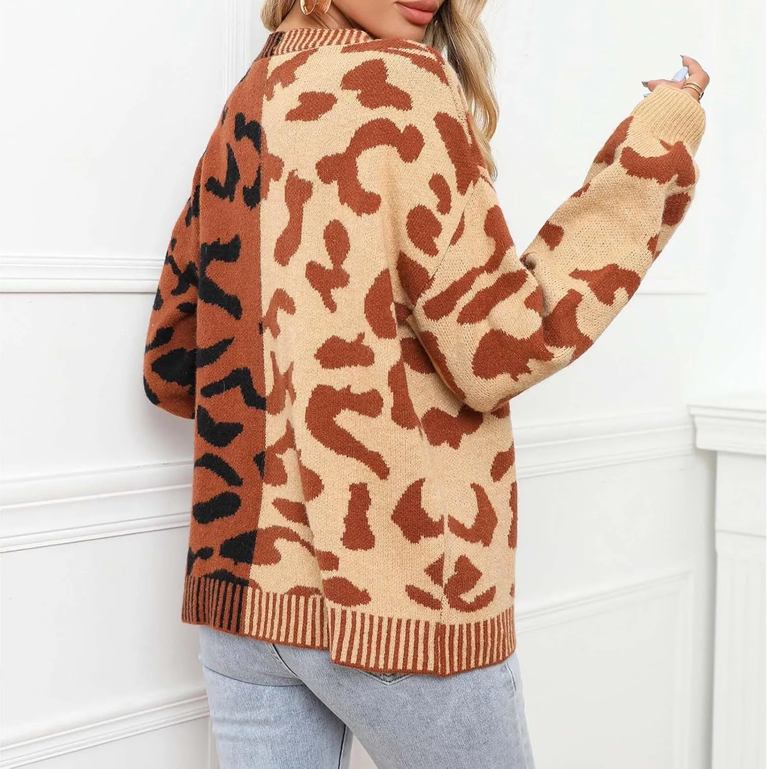 Womens Leopard Print Knit Cardigan Open Front Knit Cardigan Button Sweater Coat Long Sleeve Jacket Outwear