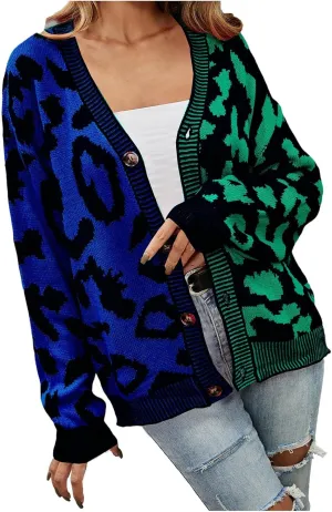 Womens Leopard Print Knit Cardigan Open Front Knit Cardigan Button Sweater Coat Long Sleeve Jacket Outwear