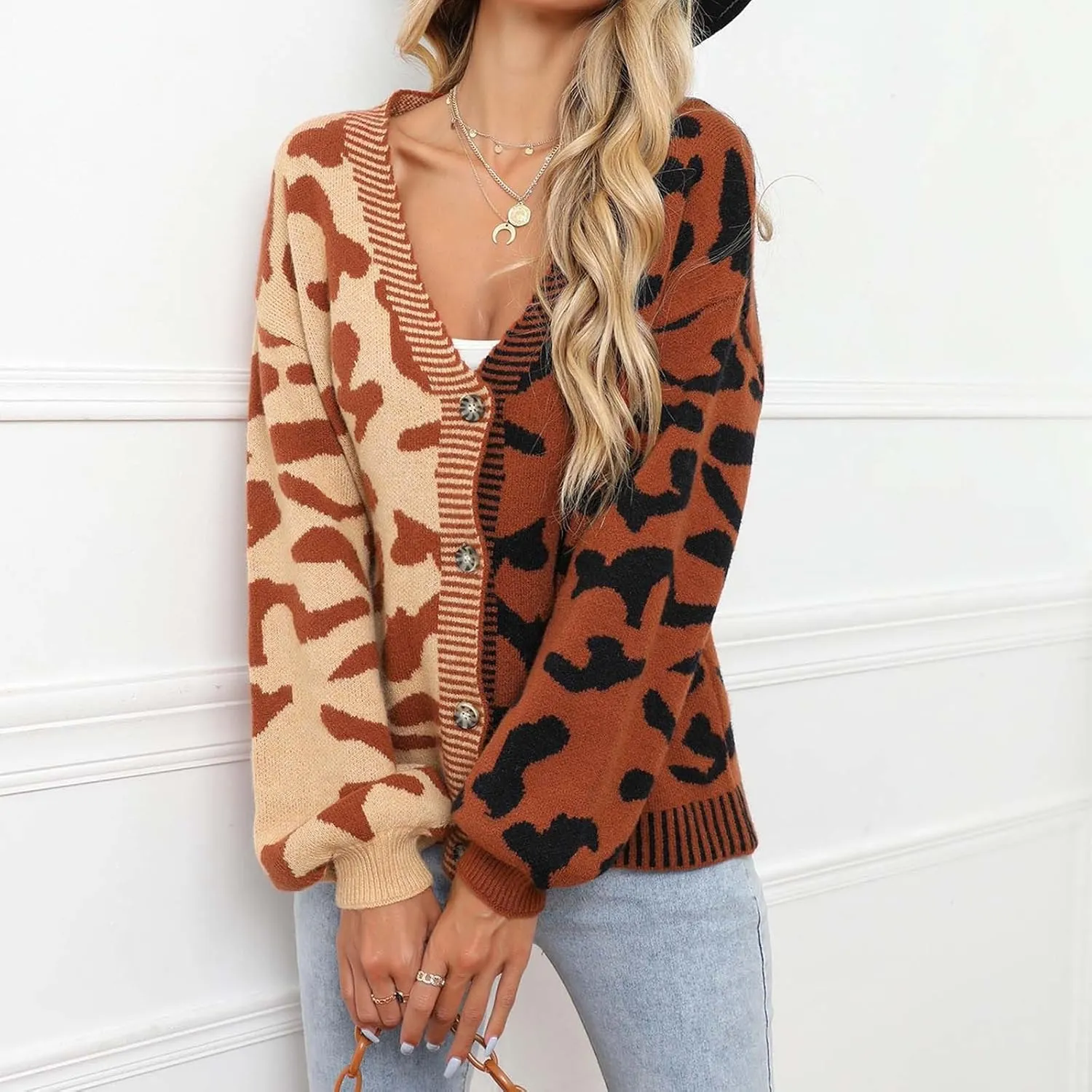 Womens Leopard Print Knit Cardigan Open Front Knit Cardigan Button Sweater Coat Long Sleeve Jacket Outwear