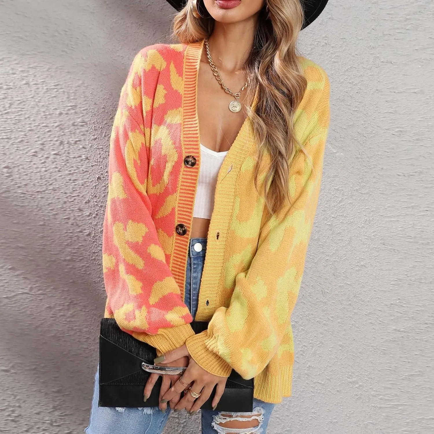 Womens Leopard Print Knit Cardigan Open Front Knit Cardigan Button Sweater Coat Long Sleeve Jacket Outwear