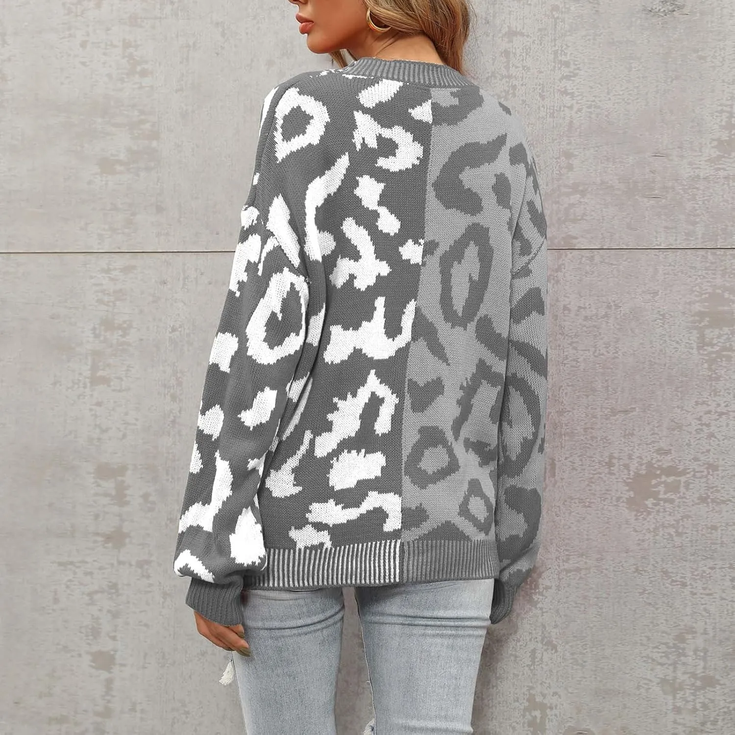 Womens Leopard Print Knit Cardigan Open Front Knit Cardigan Button Sweater Coat Long Sleeve Jacket Outwear