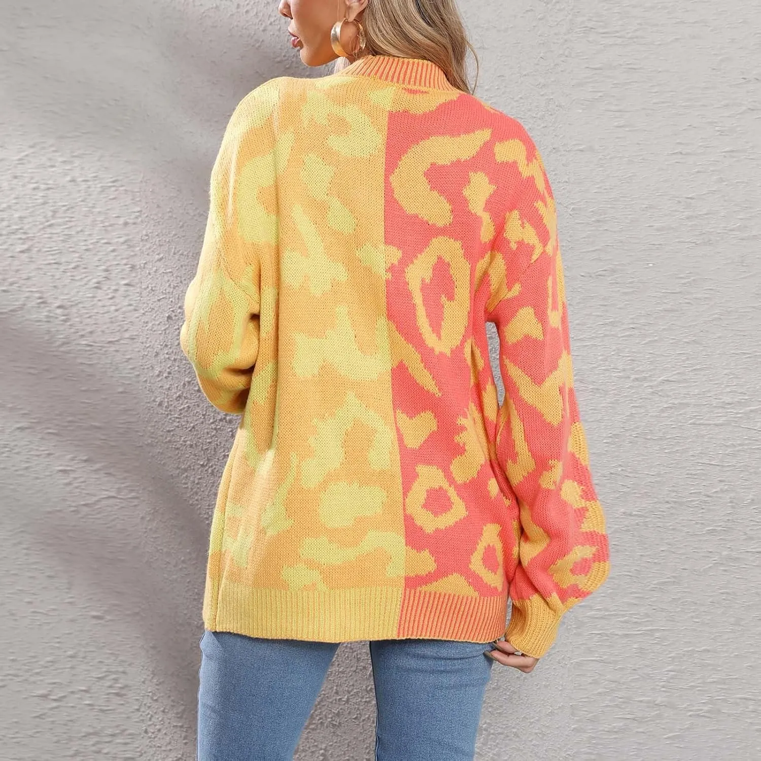 Womens Leopard Print Knit Cardigan Open Front Knit Cardigan Button Sweater Coat Long Sleeve Jacket Outwear