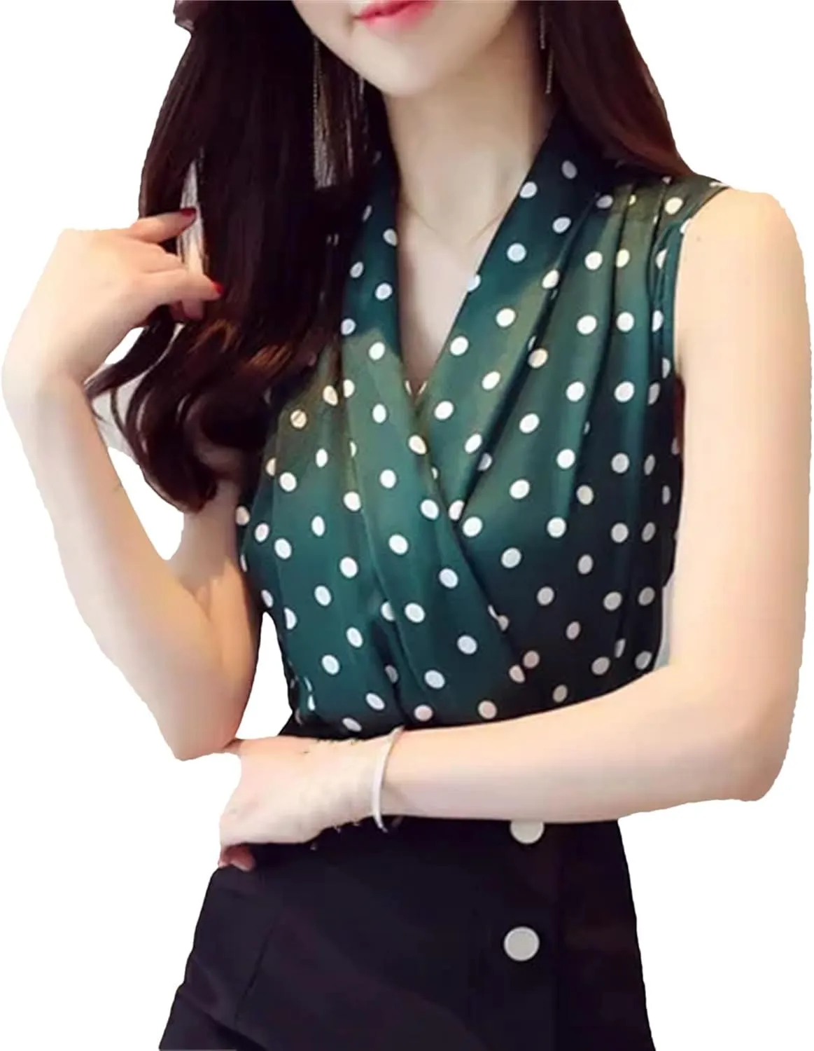 Women's Lightweight Satin Tank Top Camisole Summer Wrap V-Neck Sleeveless Vest Polka Dot Loose Fit Work Office Blouse