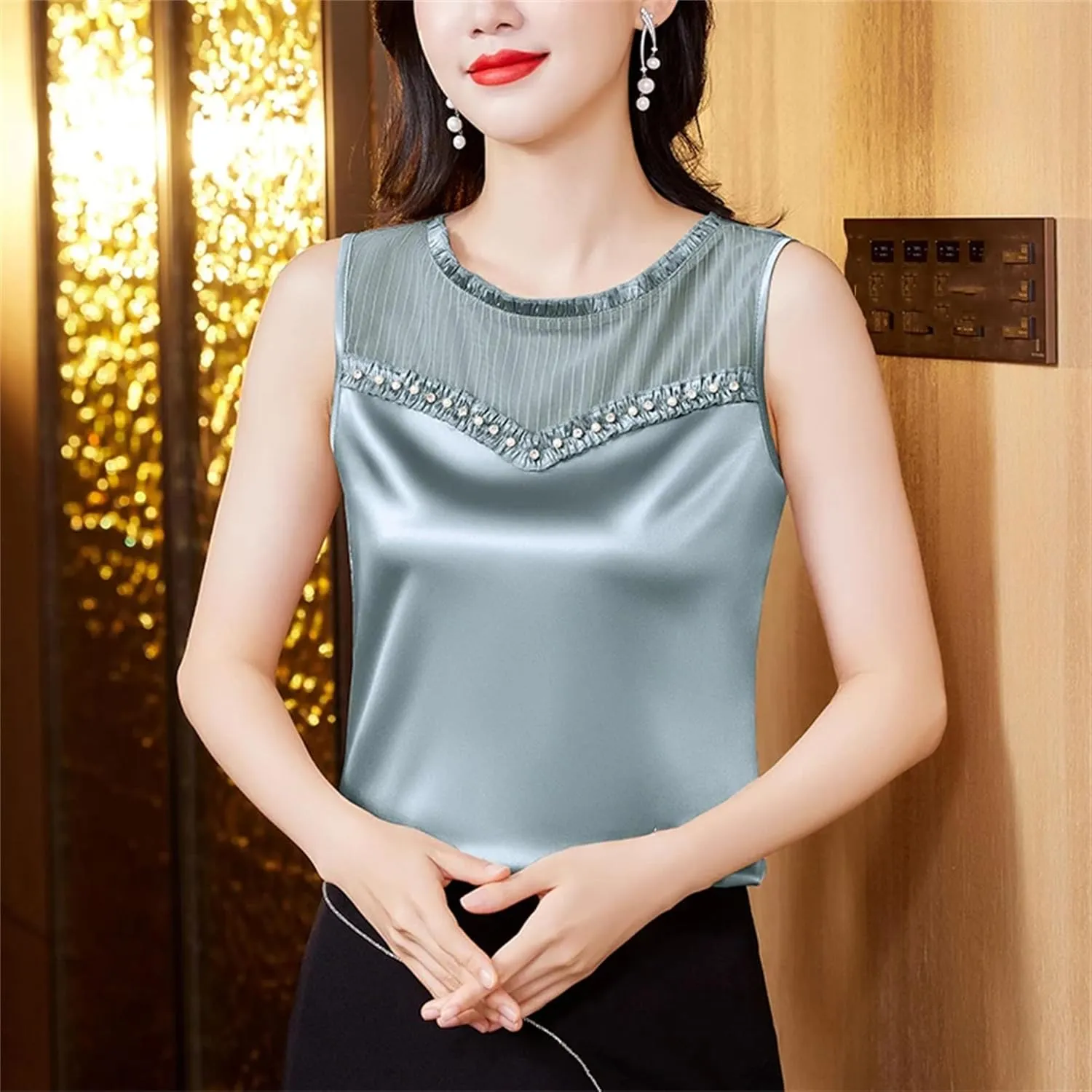 Women's Lightweight Satin Tank Top Summer Ruffle Round Neck Sleeveless Blouse with Beads Lace Splicing Casual Workwear Vest