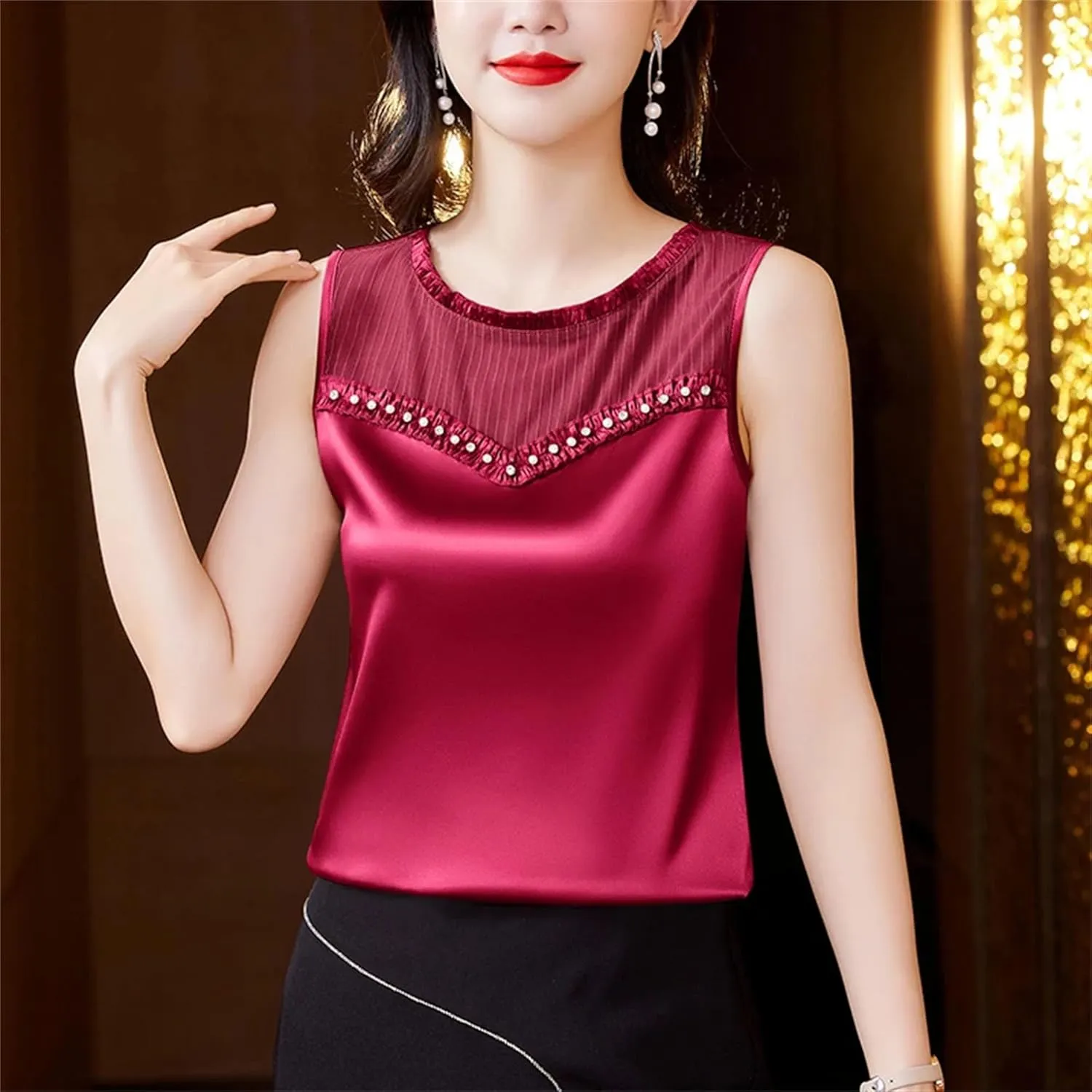 Women's Lightweight Satin Tank Top Summer Ruffle Round Neck Sleeveless Blouse with Beads Lace Splicing Casual Workwear Vest