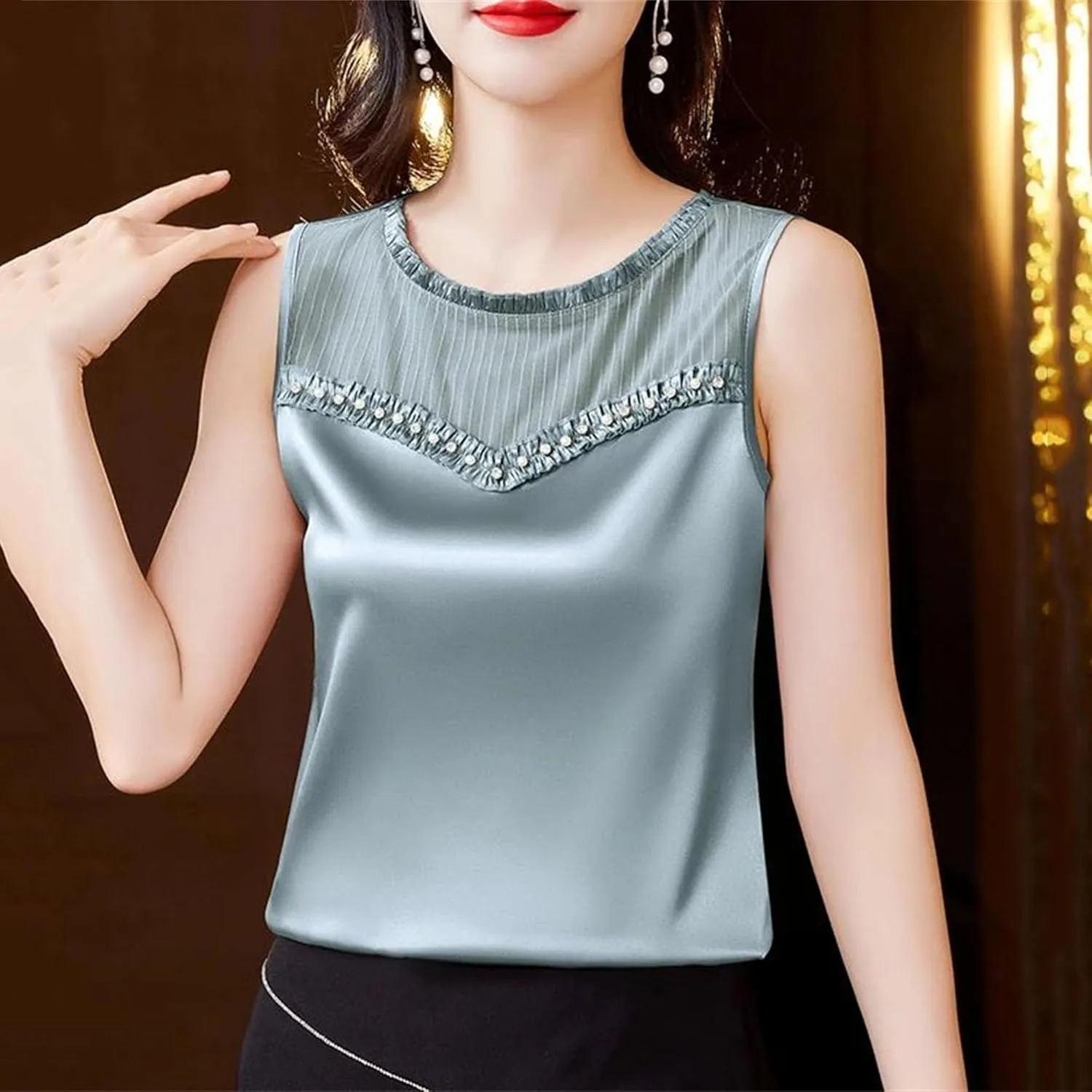 Women's Lightweight Satin Tank Top Summer Ruffle Round Neck Sleeveless Blouse with Beads Lace Splicing Casual Workwear Vest