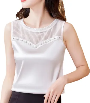Women's Lightweight Satin Tank Top Summer Ruffle Round Neck Sleeveless Blouse with Beads Lace Splicing Casual Workwear Vest