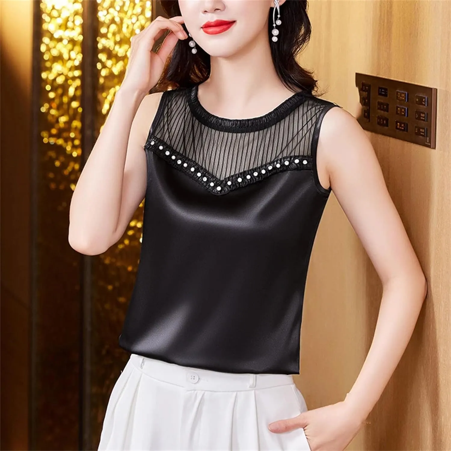 Women's Lightweight Satin Tank Top Summer Ruffle Round Neck Sleeveless Blouse with Beads Lace Splicing Casual Workwear Vest