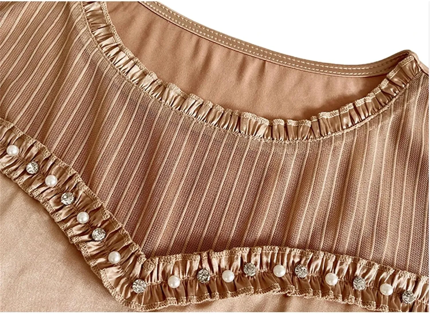 Women's Lightweight Satin Tank Top Summer Ruffle Round Neck Sleeveless Blouse with Beads Lace Splicing Casual Workwear Vest