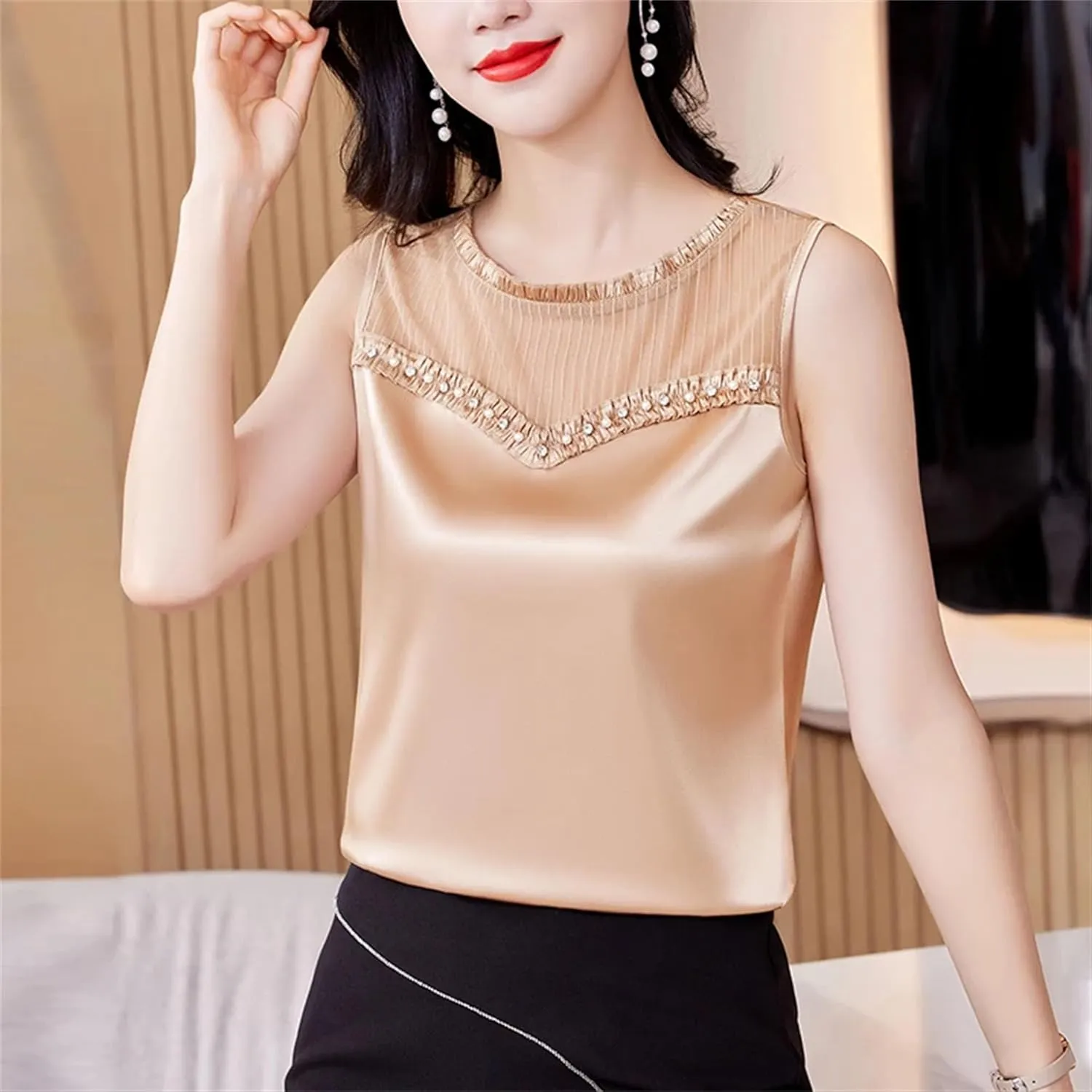 Women's Lightweight Satin Tank Top Summer Ruffle Round Neck Sleeveless Blouse with Beads Lace Splicing Casual Workwear Vest