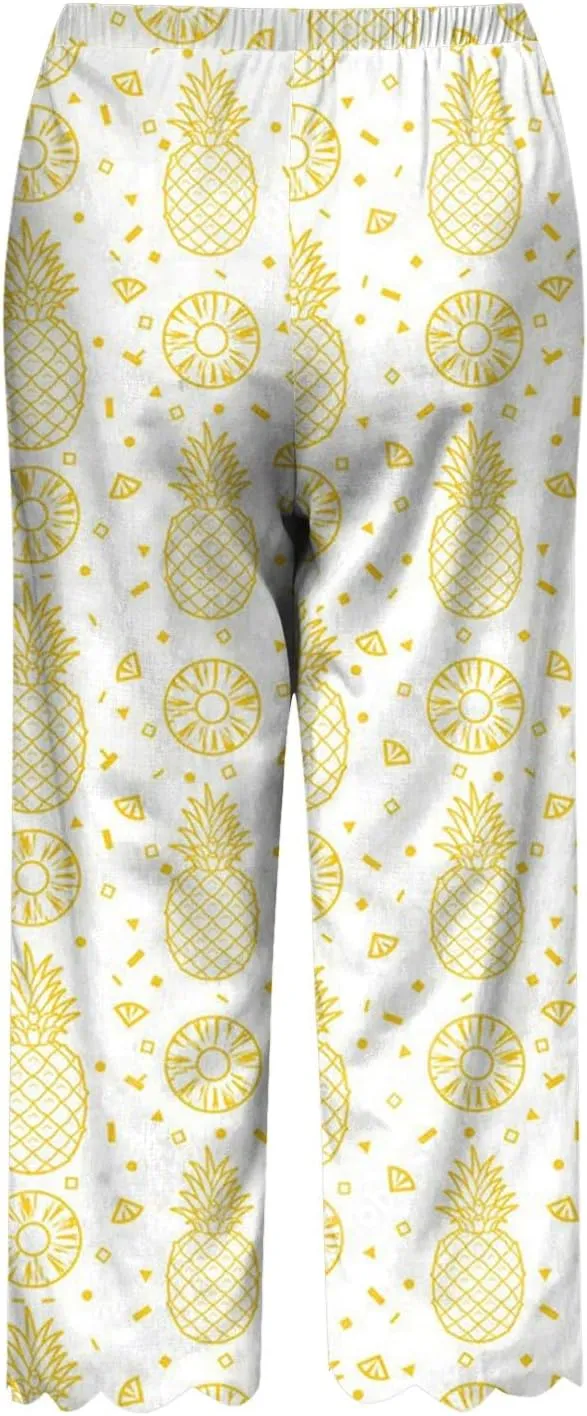 Women's Linen Capri Pants Casual Floral Printed High Waisted Elastic Bottoms Flowy Wide Straight Leg Trousers With Pockets