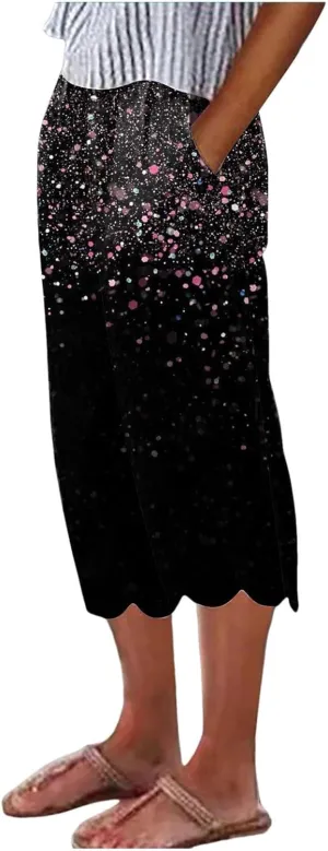 Women's Linen Capri Pants Casual Floral Printed High Waisted Elastic Bottoms Flowy Wide Straight Leg Trousers With Pockets