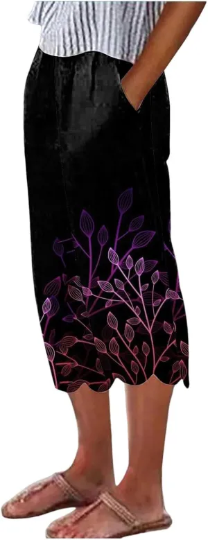 Women's Linen Capri Pants Casual Floral Printed High Waisted Elastic Bottoms Flowy Wide Straight Leg Trousers With Pockets