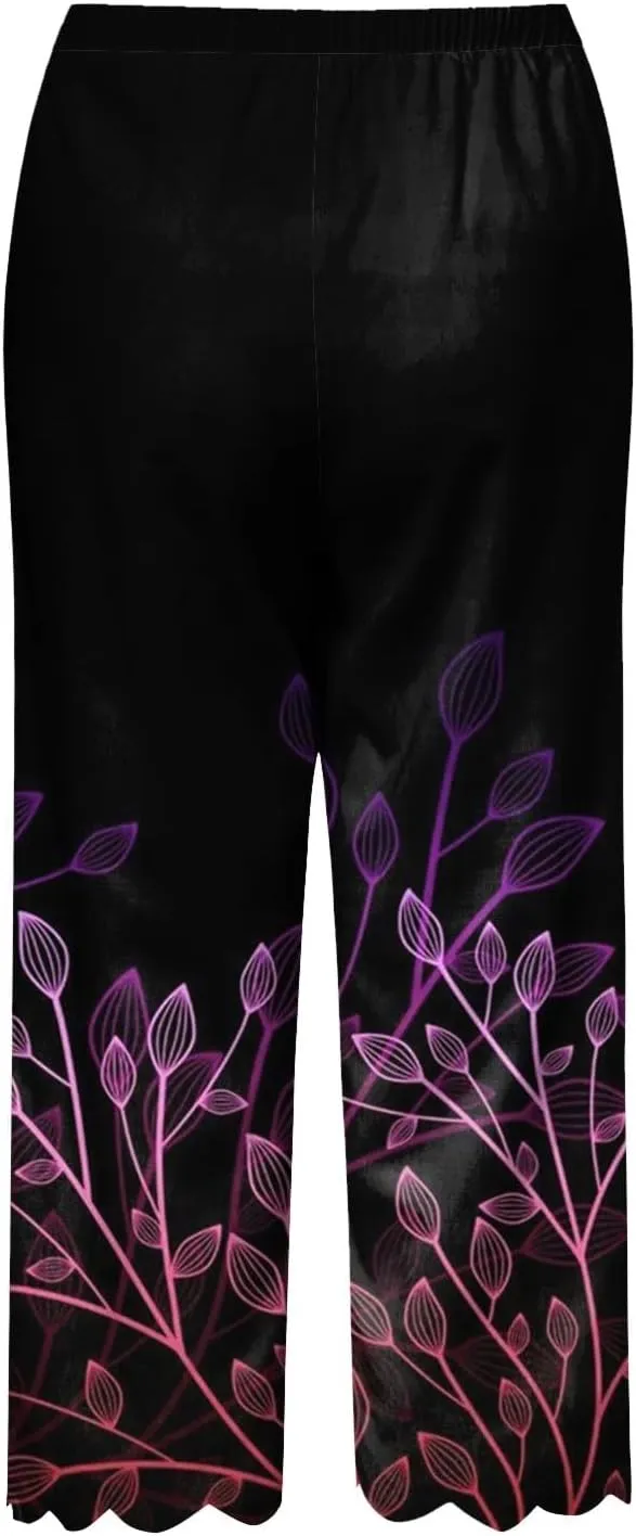 Women's Linen Capri Pants Casual Floral Printed High Waisted Elastic Bottoms Flowy Wide Straight Leg Trousers With Pockets