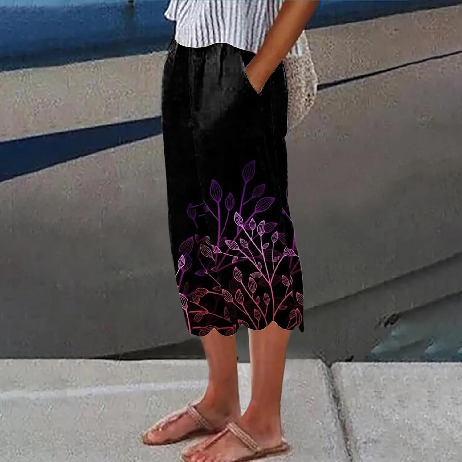 Women's Linen Capri Pants Casual Floral Printed High Waisted Elastic Bottoms Flowy Wide Straight Leg Trousers With Pockets