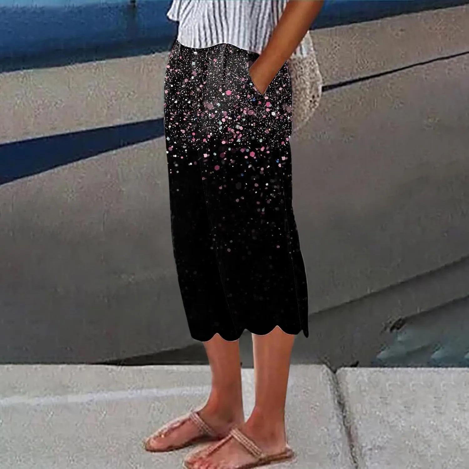 Women's Linen Capri Pants Casual Floral Printed High Waisted Elastic Bottoms Flowy Wide Straight Leg Trousers With Pockets
