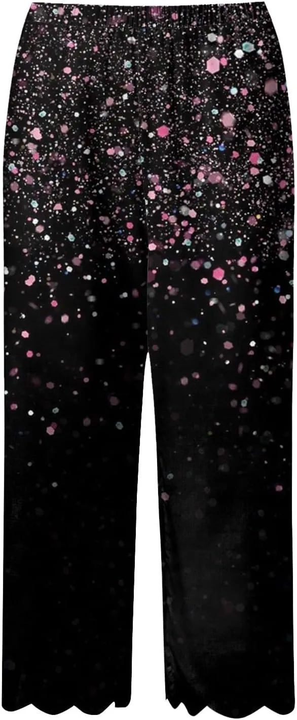 Women's Linen Capri Pants Casual Floral Printed High Waisted Elastic Bottoms Flowy Wide Straight Leg Trousers With Pockets