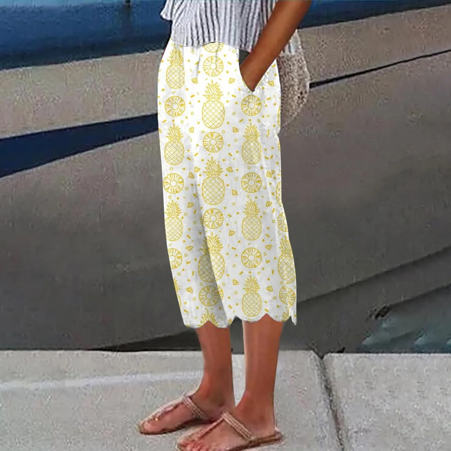 Women's Linen Capri Pants Casual Floral Printed High Waisted Elastic Bottoms Flowy Wide Straight Leg Trousers With Pockets