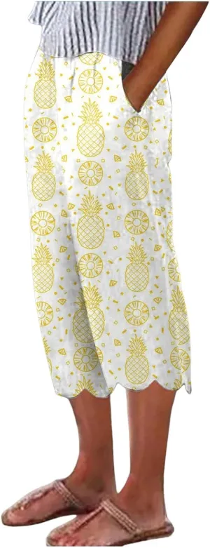 Women's Linen Capri Pants Casual Floral Printed High Waisted Elastic Bottoms Flowy Wide Straight Leg Trousers With Pockets