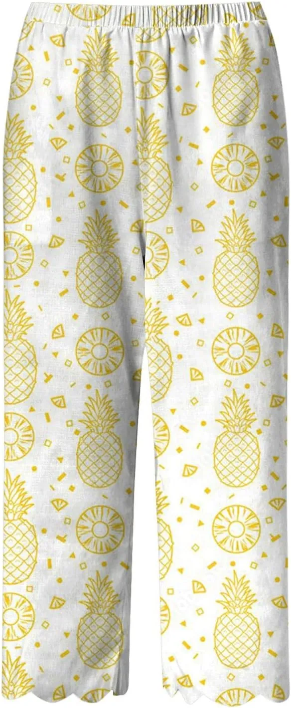Women's Linen Capri Pants Casual Floral Printed High Waisted Elastic Bottoms Flowy Wide Straight Leg Trousers With Pockets